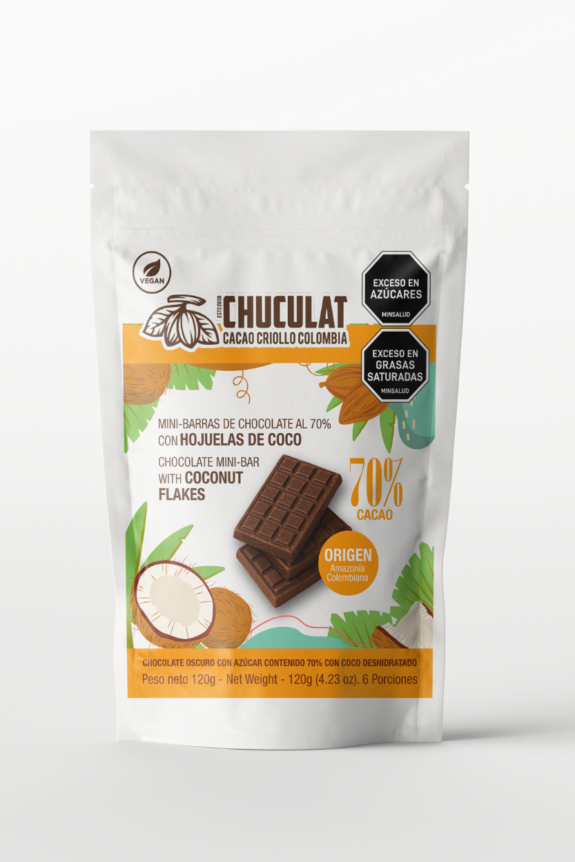 Mini barras de chocolate 70% con hojuelas de coco 120g